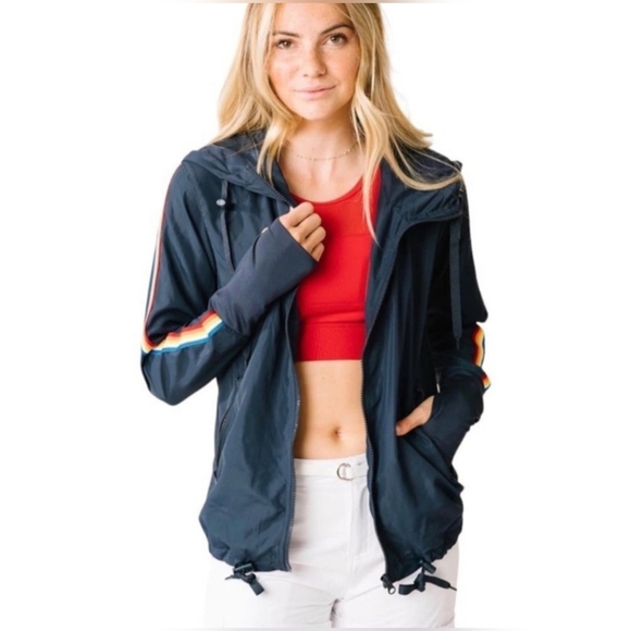 Zyia Active Navy With Rainbow Stripes Windbreaker Size Medium - Picture 11 of 12